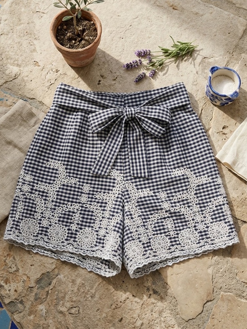 Zara Navy Blue Gingham Eyelet Embroidered High Waisted Shorts Size S